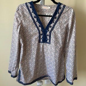 Tory Burch embroidered long sleeve v neck tunic top size US 6